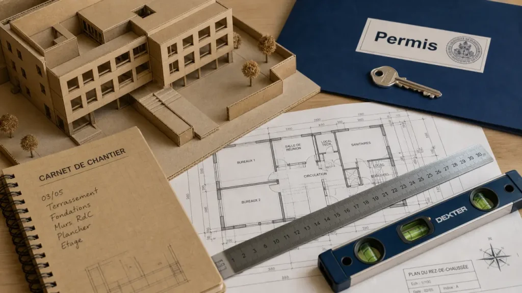 Construction immobilier entreprise : plan, terrain et conformité bâtiment tertiaire