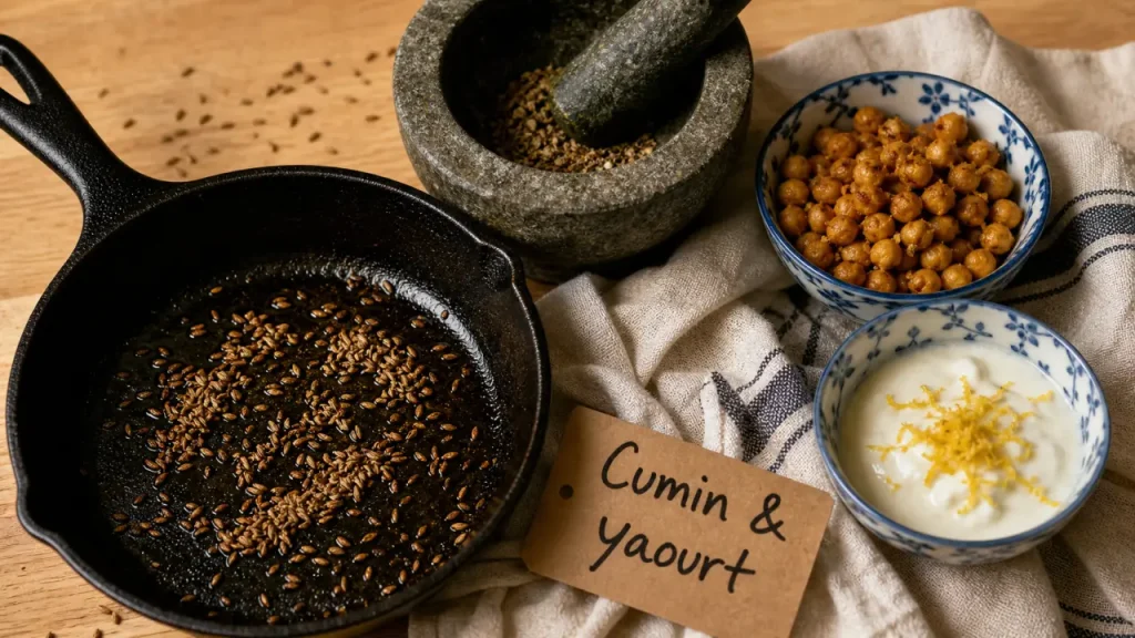 Graines de cumin torréfiées avec mortier et yaourt