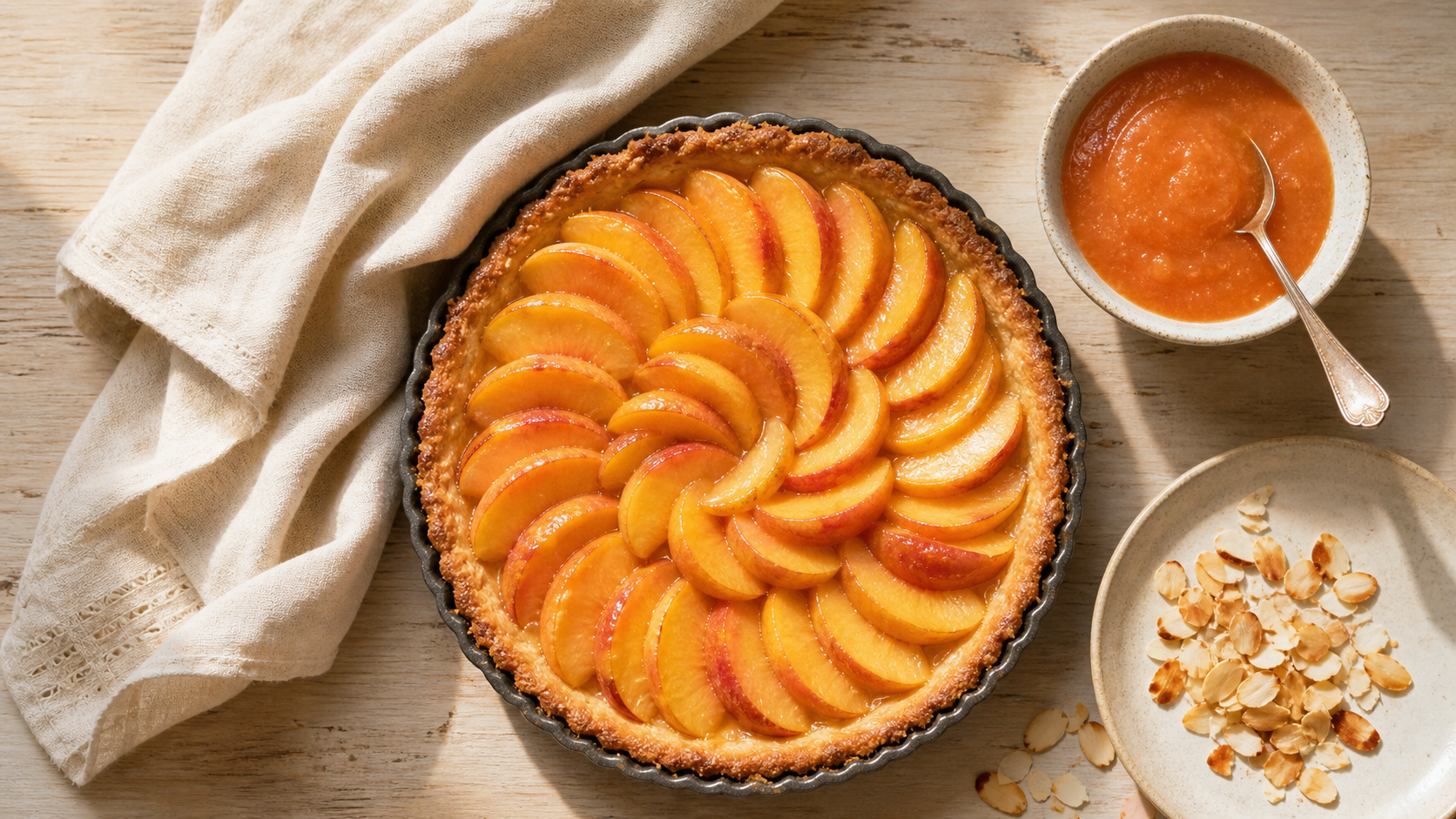 Desserts pêches : tarte aux pêches dorées, coulis de pêche
