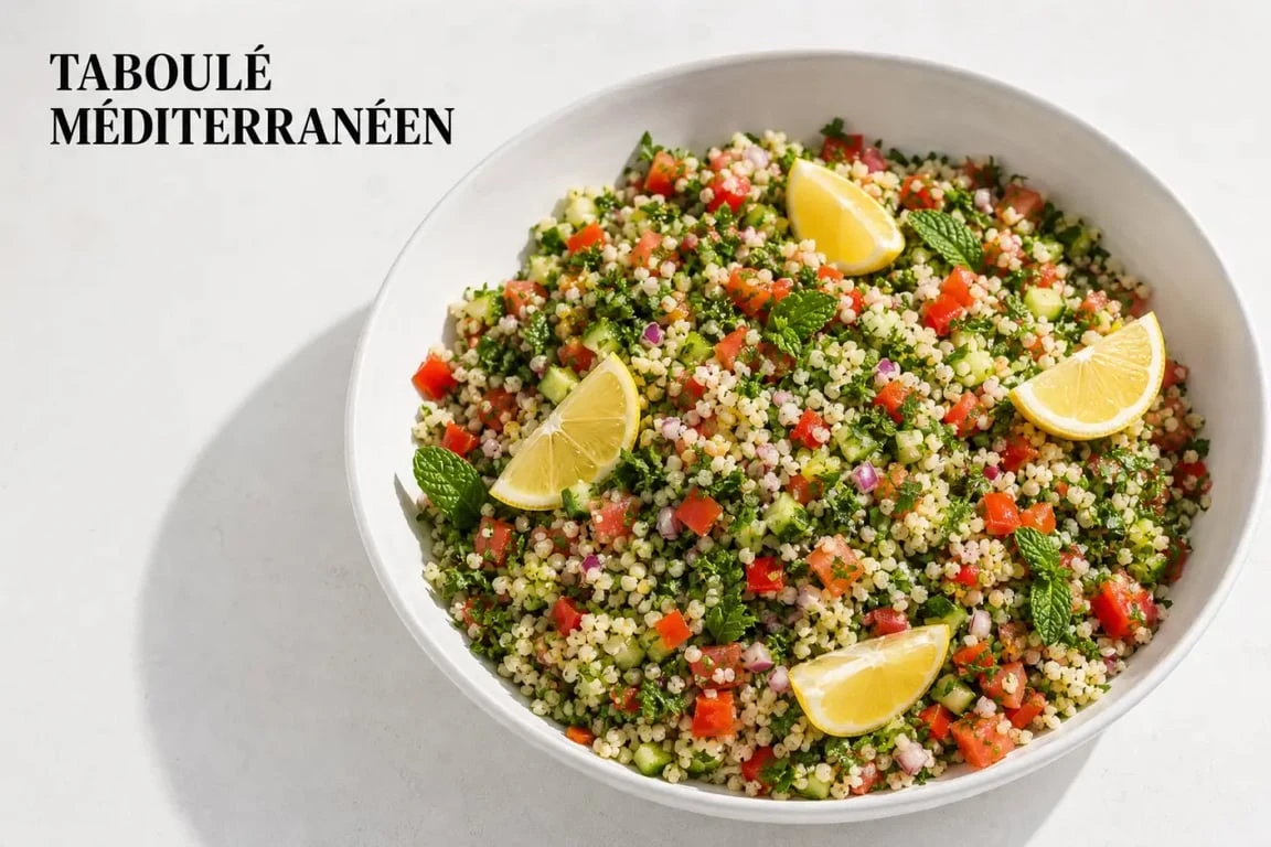 Recette taboulé méditerranéen servi frais dans un grand plat avec herbes, citron et légumes croquants
