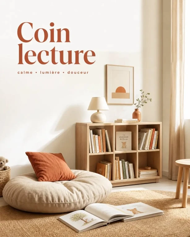 Coussin de sol coin lecture dans un espace enfant chaleureux et décoratif