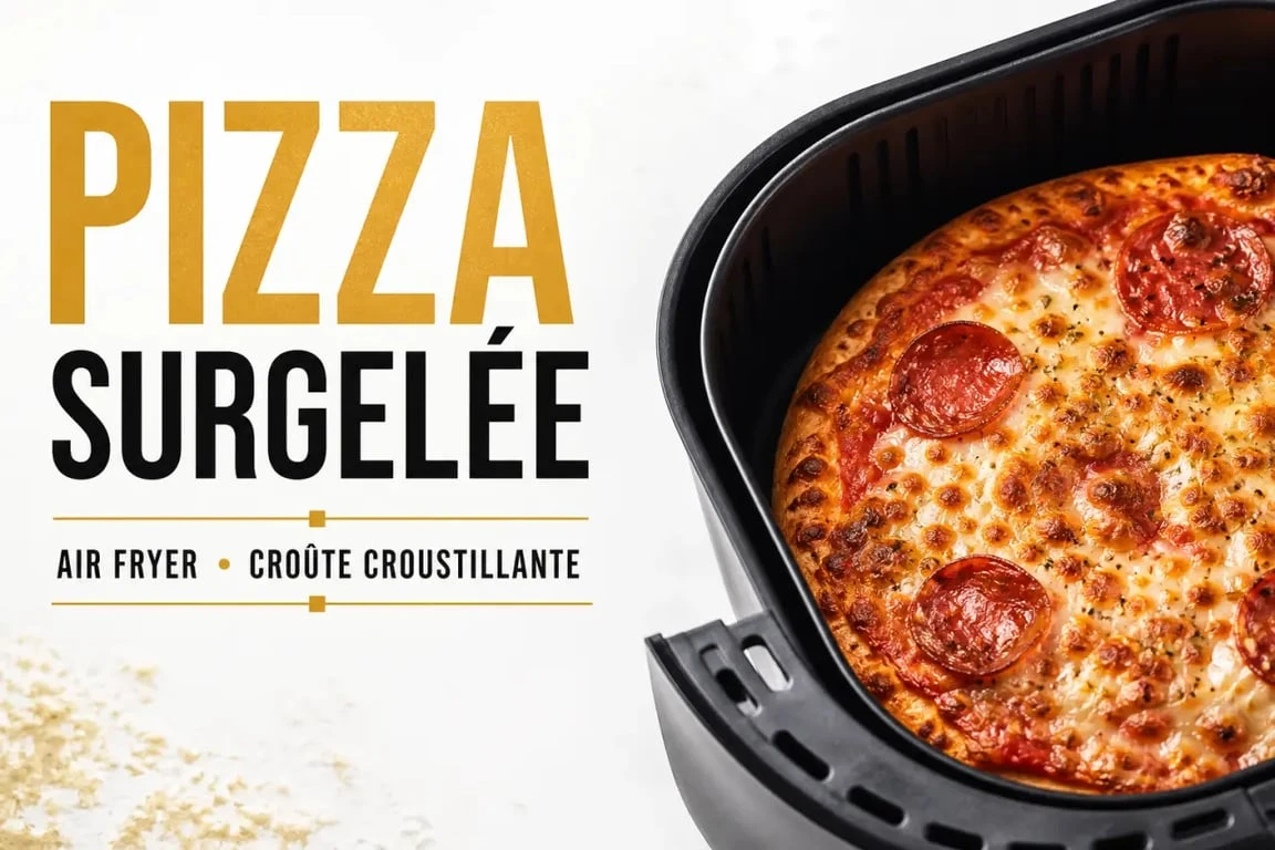 Pizza surgelée cuite dans un air fryer avec une croûte croustillante et du fromage fondant