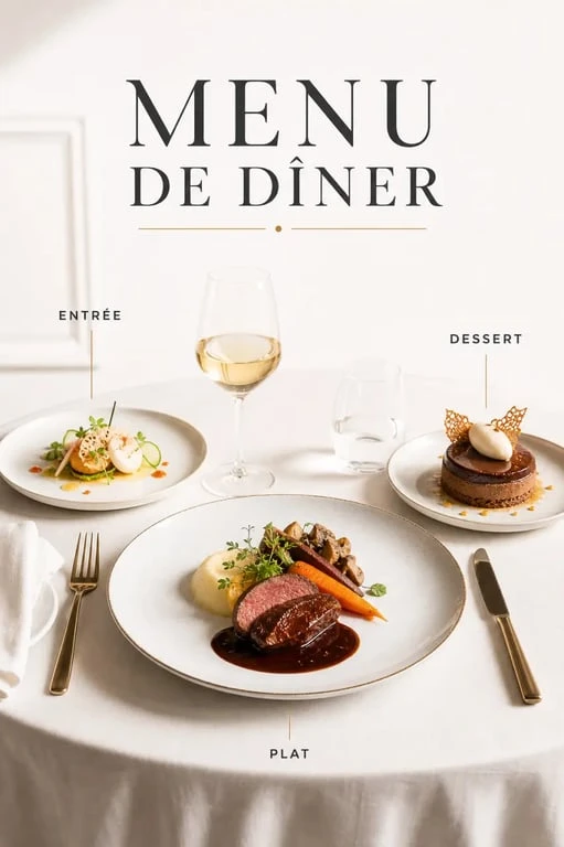 Menu un diner presque parfait : table dressée avec entrée, plat et dessert raffinés pour une soirée conviviale
