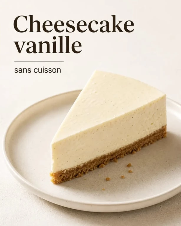 Recette cheesecake à la vanille sans cuisson, part dressée sur assiette claire