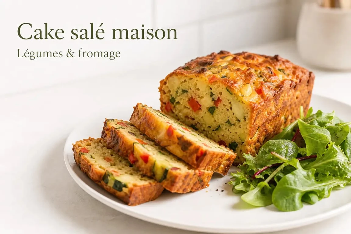 Recette salé de cake aux légumes et fromage, tranché et servi avec salade verte