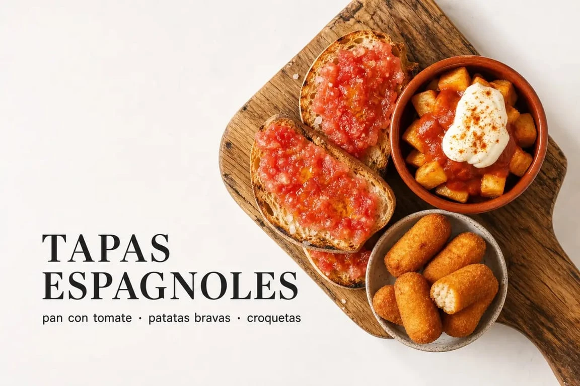 Assortiment de tapas espagnoles authentiques sur une planche en bois pour une recette de tapas espagnol maison