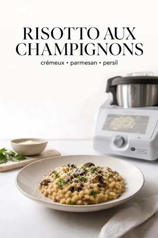 Les meilleurs recettes Monsieur Cuisine Connect : risotto crémeux aux champignons servi dans une assiette élégante