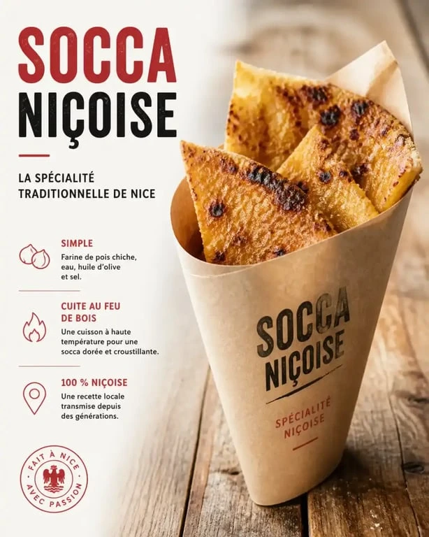 Socca niçoise traditionnelle servie chaude dans un cornet en papier
