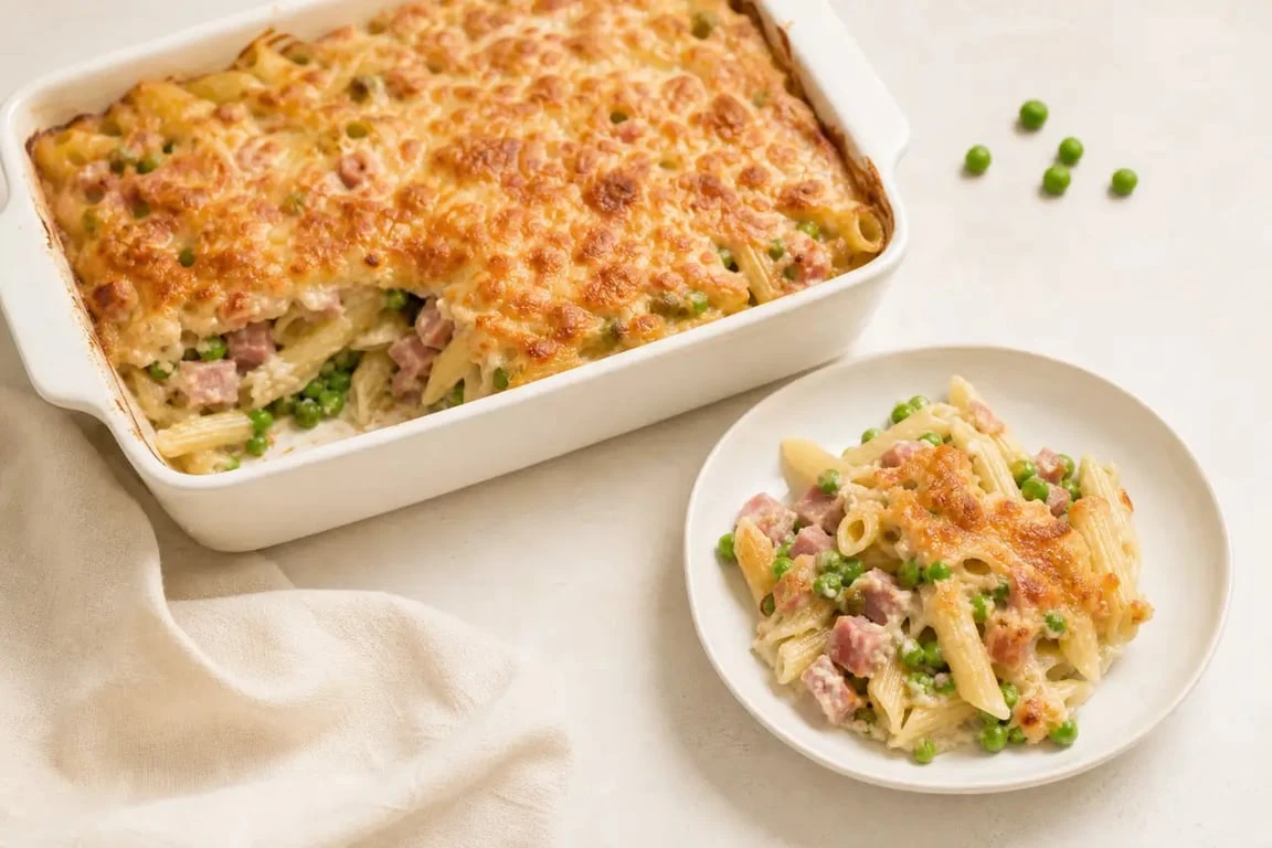 Recette facile pas cher de gratin de pâtes économique au jambon et petits pois