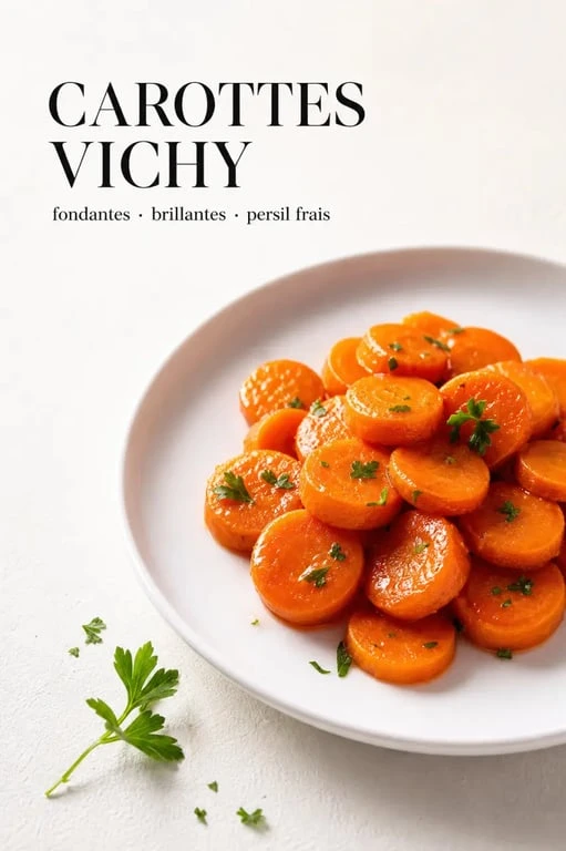 Recette carotte : carottes Vichy fondantes dressées dans une assiette blanche