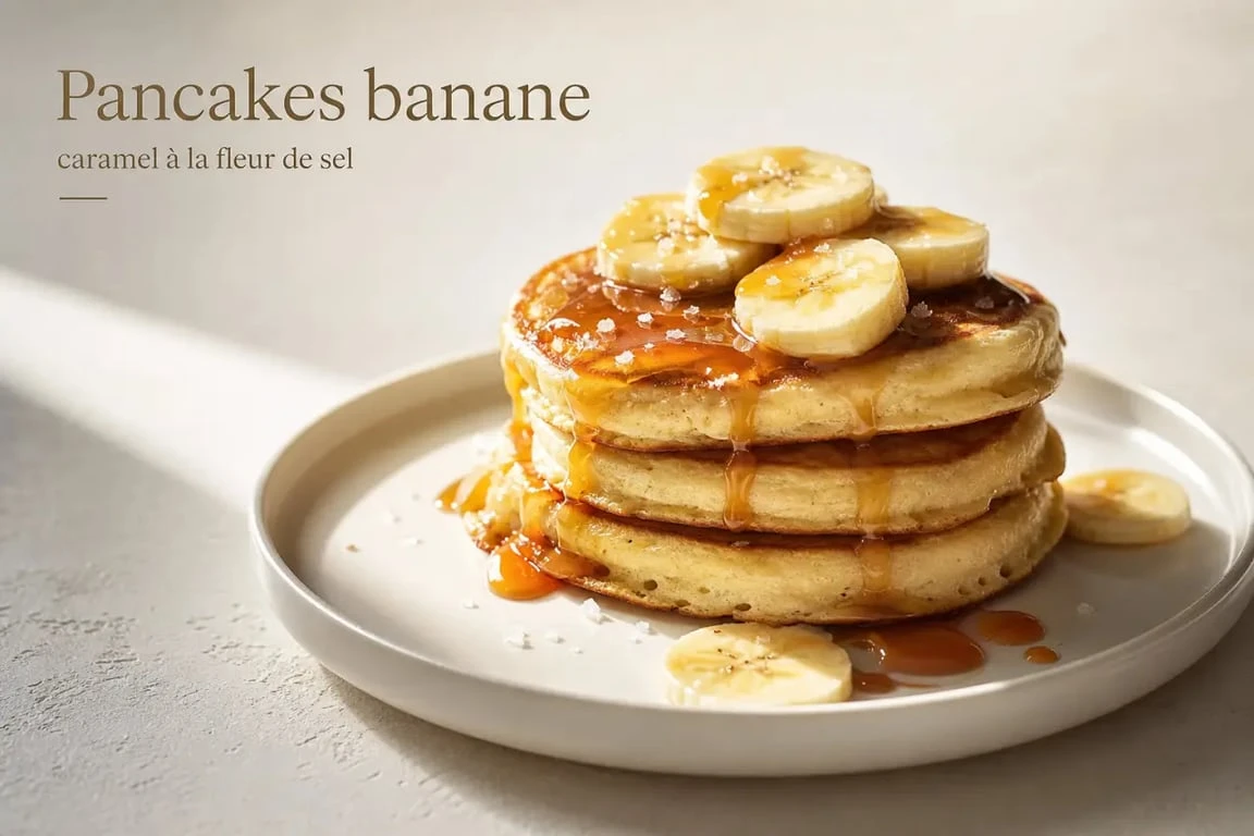 Recette pancakes cyril lignac banane servie en assiette gourmande avec caramel et rondelles de banane