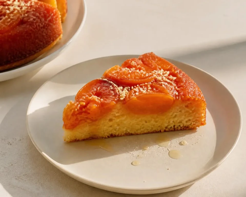 Dessert abricot : gâteau renversé aux abricots et au miel sur assiette blanche