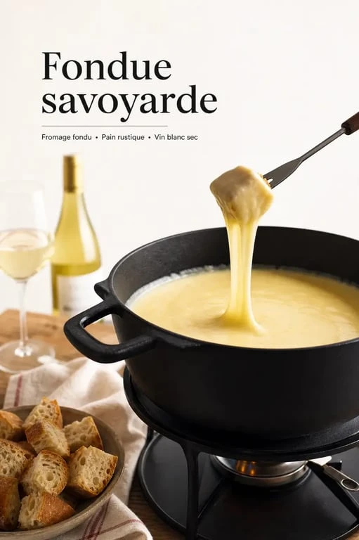 Fondue savoyarde prête à servir avec les quantités de vin blanc pour 1kg de fondue