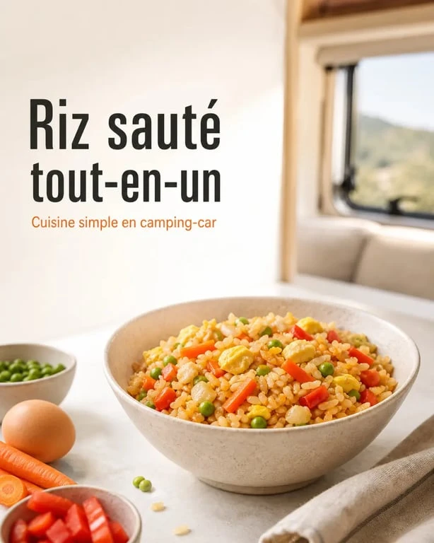 Repas camping car : riz sauté tout-en-un servi dans un bol avec légumes et œufs