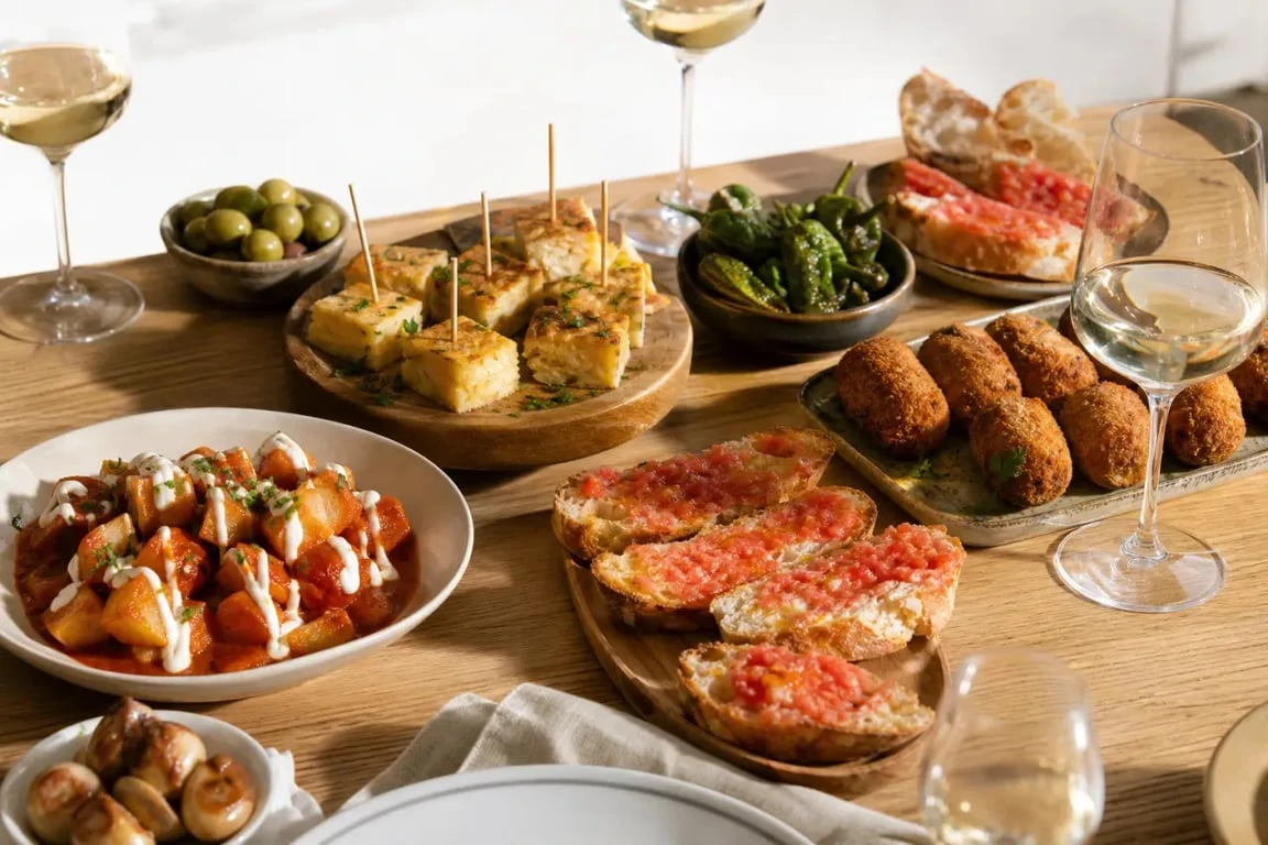 Tapas espagnols variés servis sur une table conviviale avec tortilla, patatas bravas et croquetas