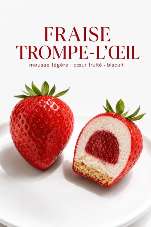 Trompe l oeil fraise en dessert réaliste coupé pour montrer le cœur fruité et la mousse