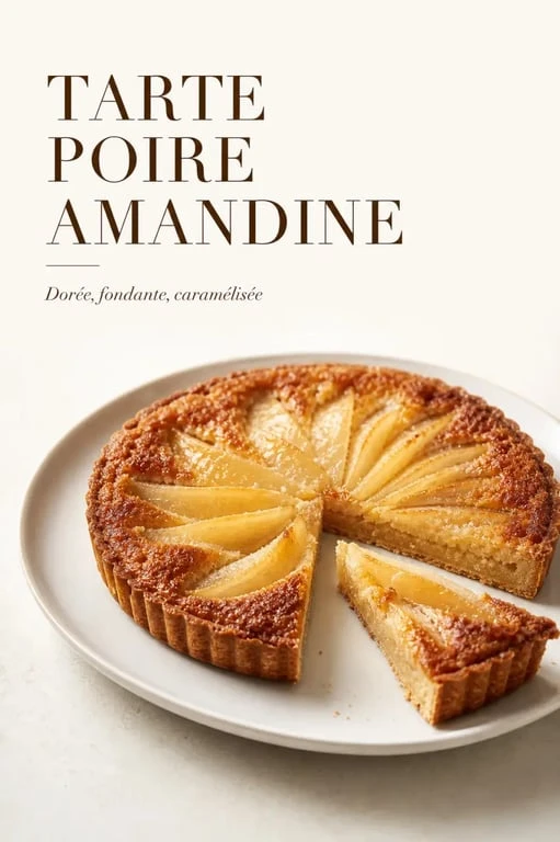 Recette tarte poire amandine Cyril Lignac servie sur une assiette blanche avec poires caramélisées