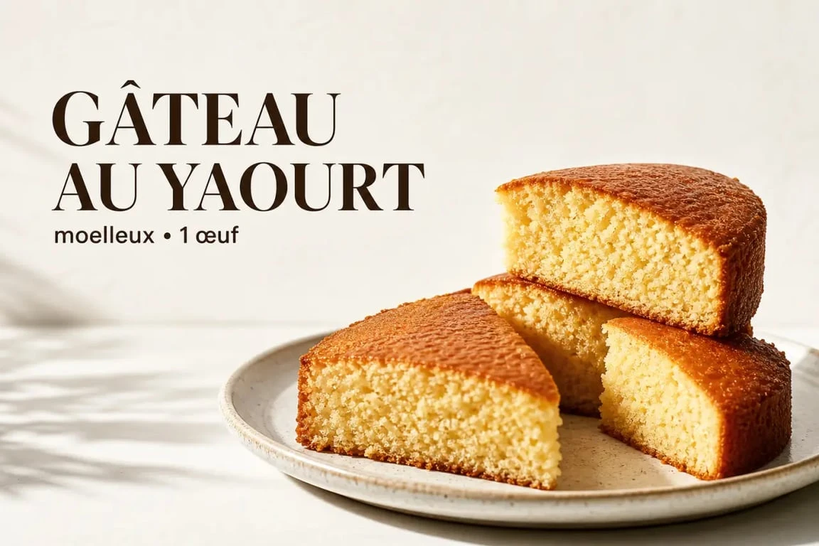 Recette un gateau avec un oeuf moelleux au yaourt, doré et servi en parts sur une assiette claire