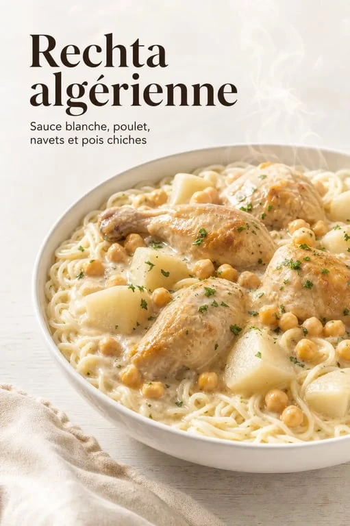 Recette rechta algérienne servie dans un grand plat avec poulet, navets et pois chiches