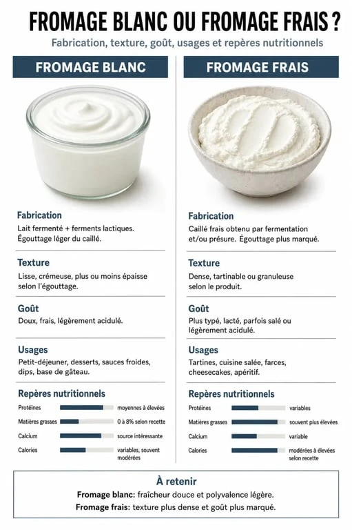 Fromage blanc ou fromage frais : visuel comparatif sur la fabrication, la texture et les usages