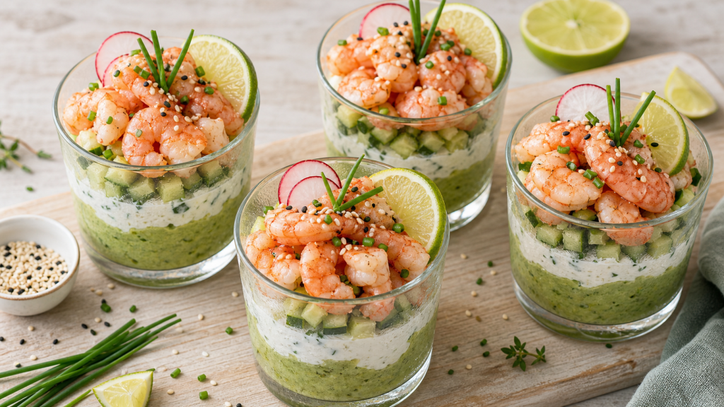 Entrées froides : verrines avocat, crevettes et concombre