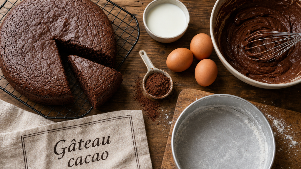 Gateau cacao moelleux à 180°C, tranché et cacao en poudre