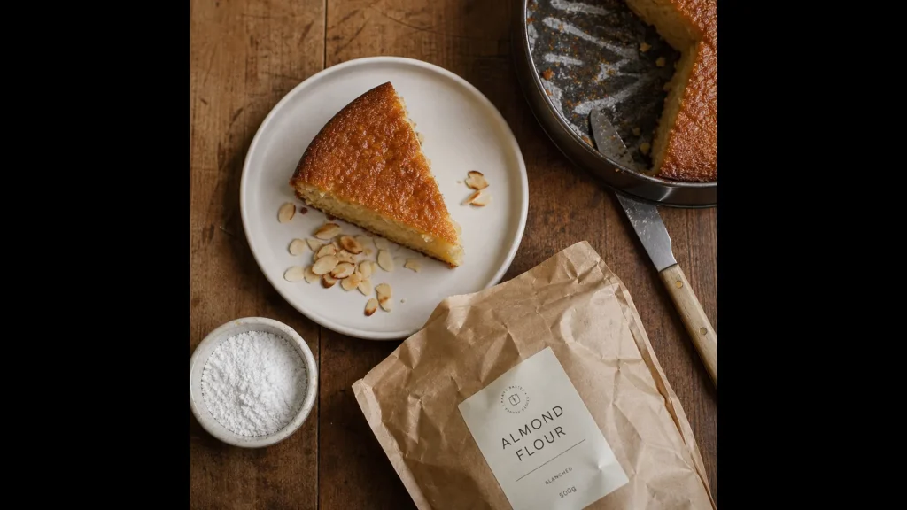 Gateau poudre d'amande fondant, part luisante sur assiette blanche