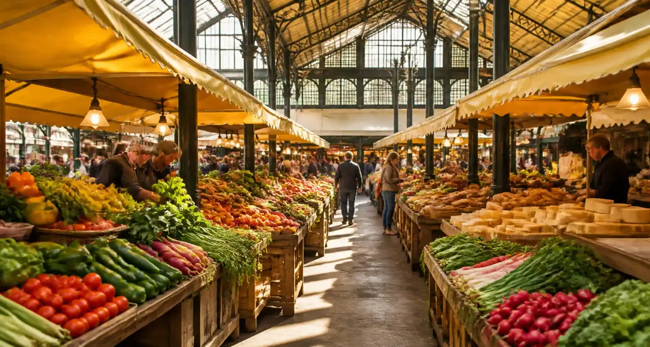 Marché couvert traditionnel sous verrière avec étals de produits frais