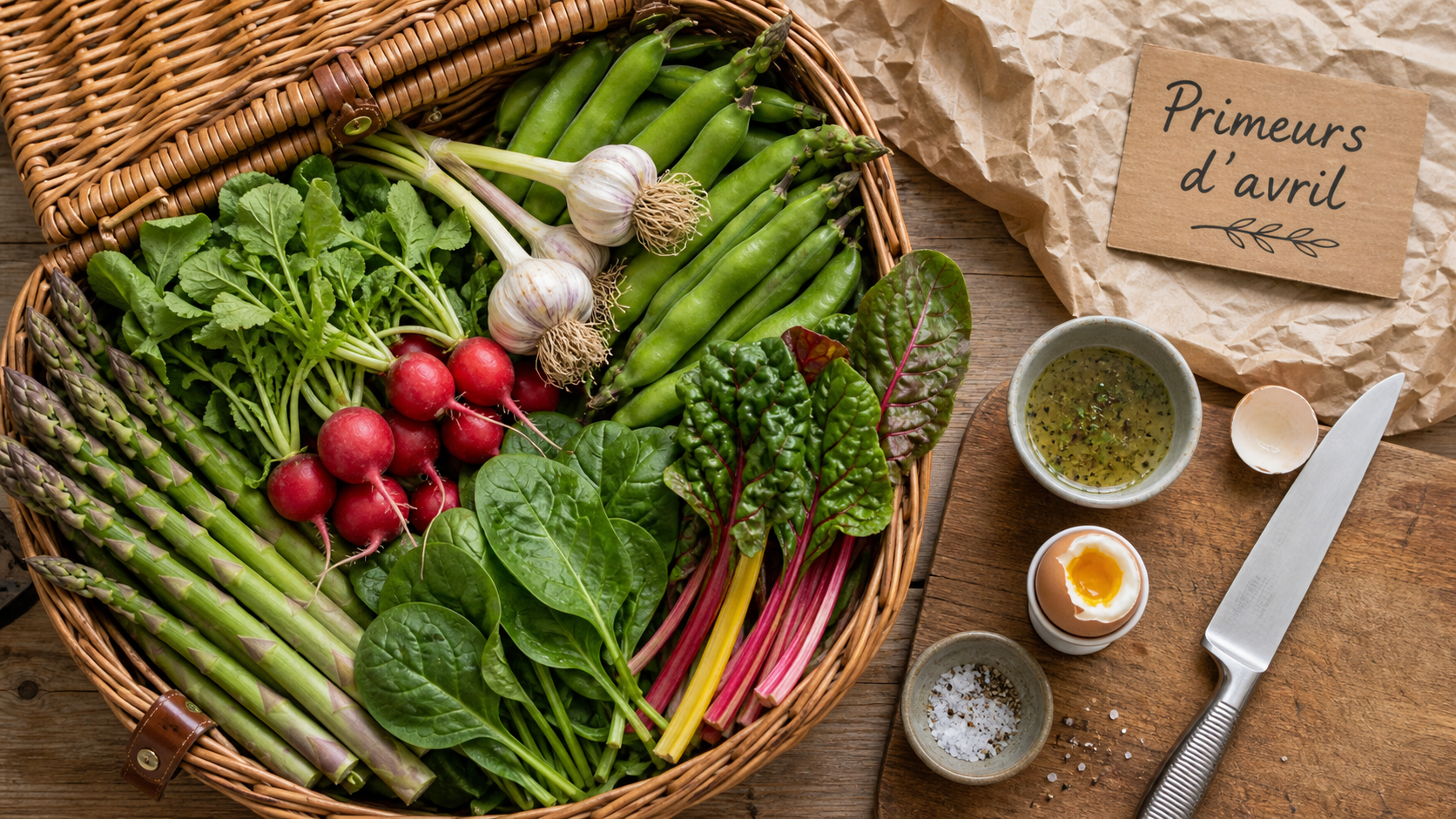 Legume avril : asperges vertes, radis et fèves, primeurs d’avril