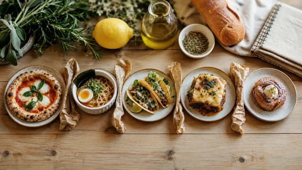 Les 5 grandes cuisines du monde : Italie, France, Japon, Mexique, Grèce, mini plats