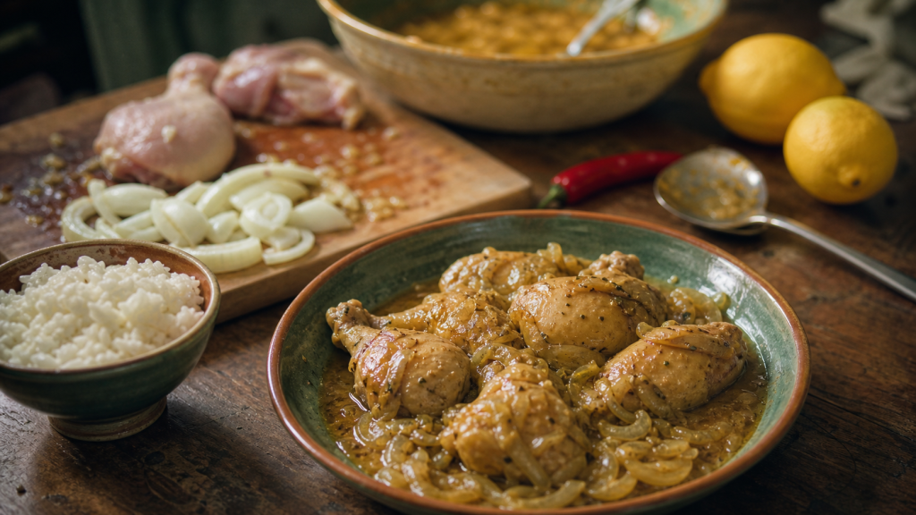 Met africain : poulet yassa mijoté, sauce oignon-citron, riz blanc