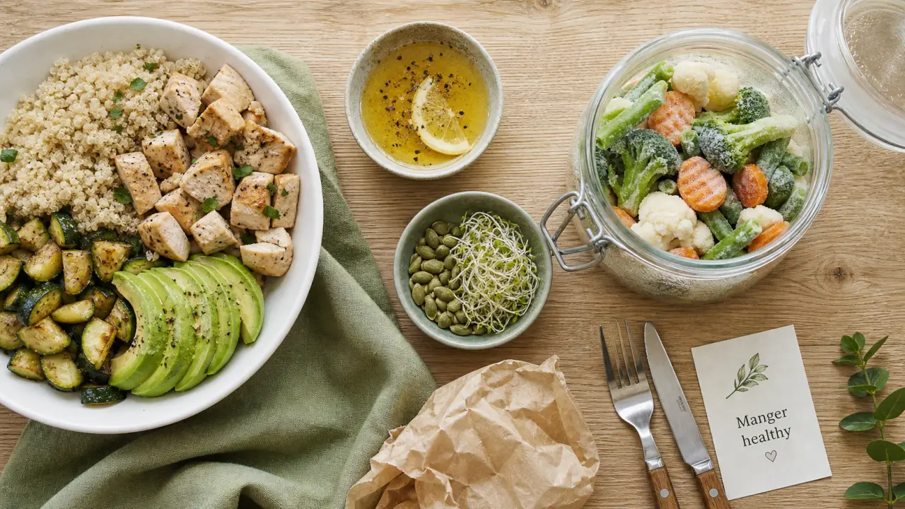 Nourriture healthy : assiette équilibrée quinoa poulet légumes