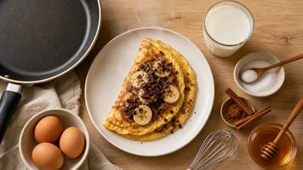 Omelette sucrée moelleuse en poêle avec banane et chocolat