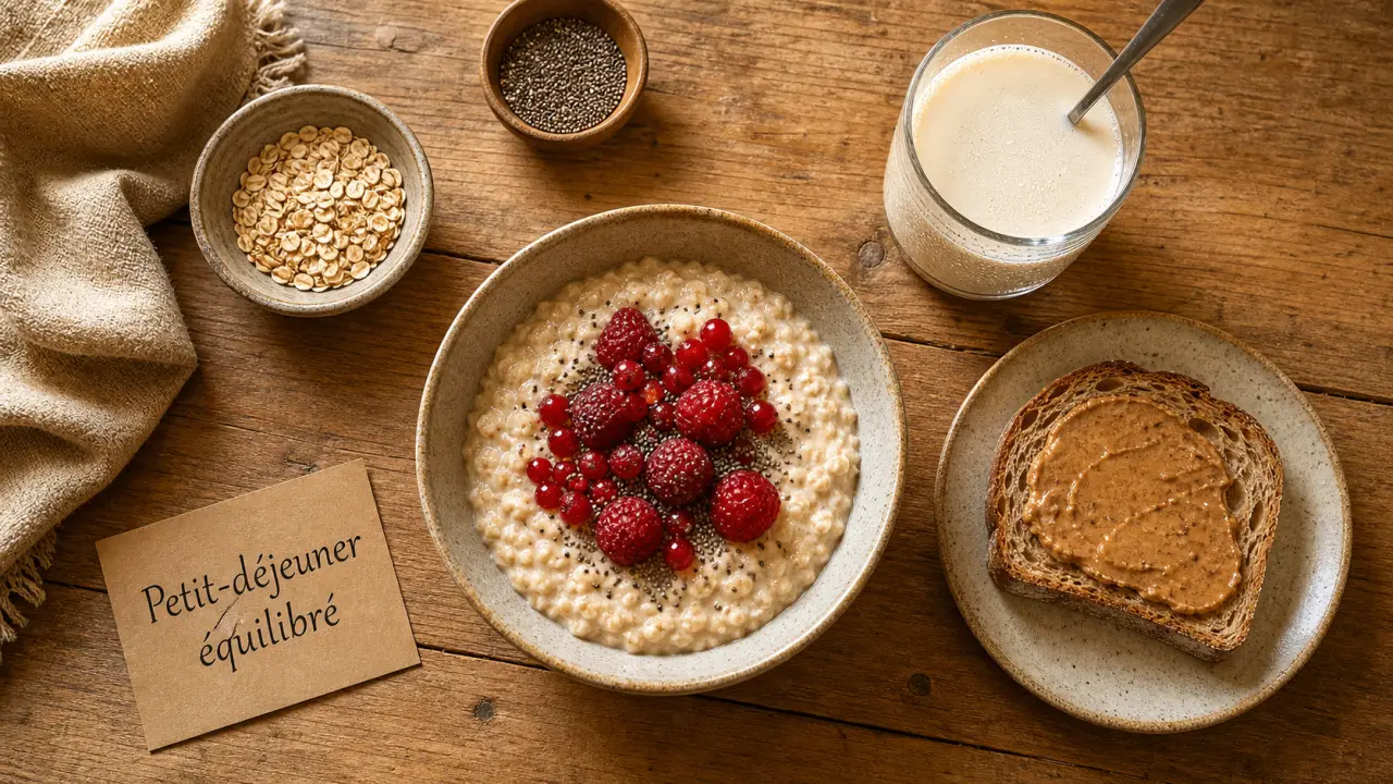 Petit dej équilibré recette : porridge fruits rouges et chia, pain levain complet