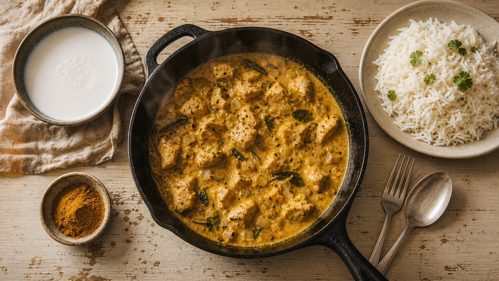 Plat a base de poulet curry et lait de coco, riz basmati