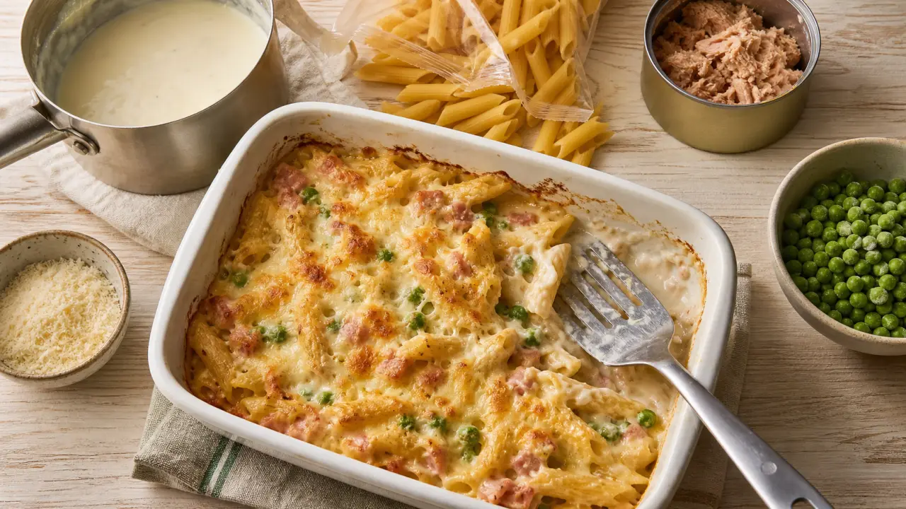Recette facile pas cher gratin de pâtes jambon petits pois, plat en céramique blanc et fromage râpé