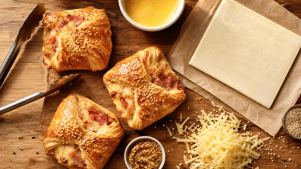 Recette feuilleté salé jambon-fromage doré au four, pâte feuilletée croustillante