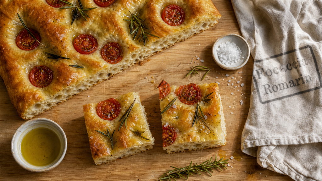 Recette focaccia cyril lignac : focaccia dorée, mie alvéolée et romarin