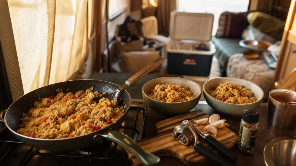 Repas camping car : riz sauté et œufs brouillés à la poêle, sans four