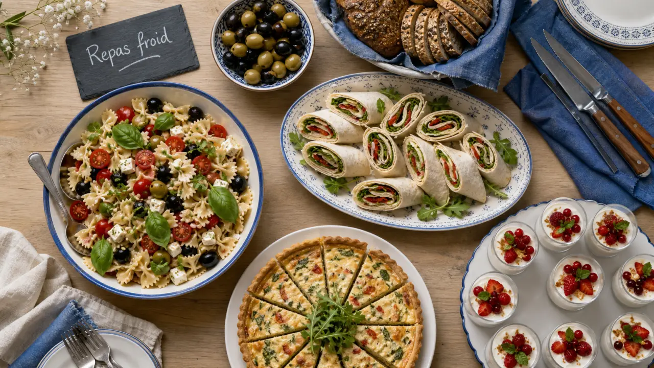 Repas froid entre amis : buffet rapide sur table en bois