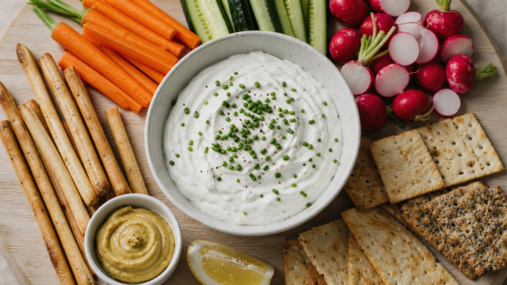 Sauce crudité pour apéro : dip fromage blanc-ciboulette avec carotte, concombre et radis