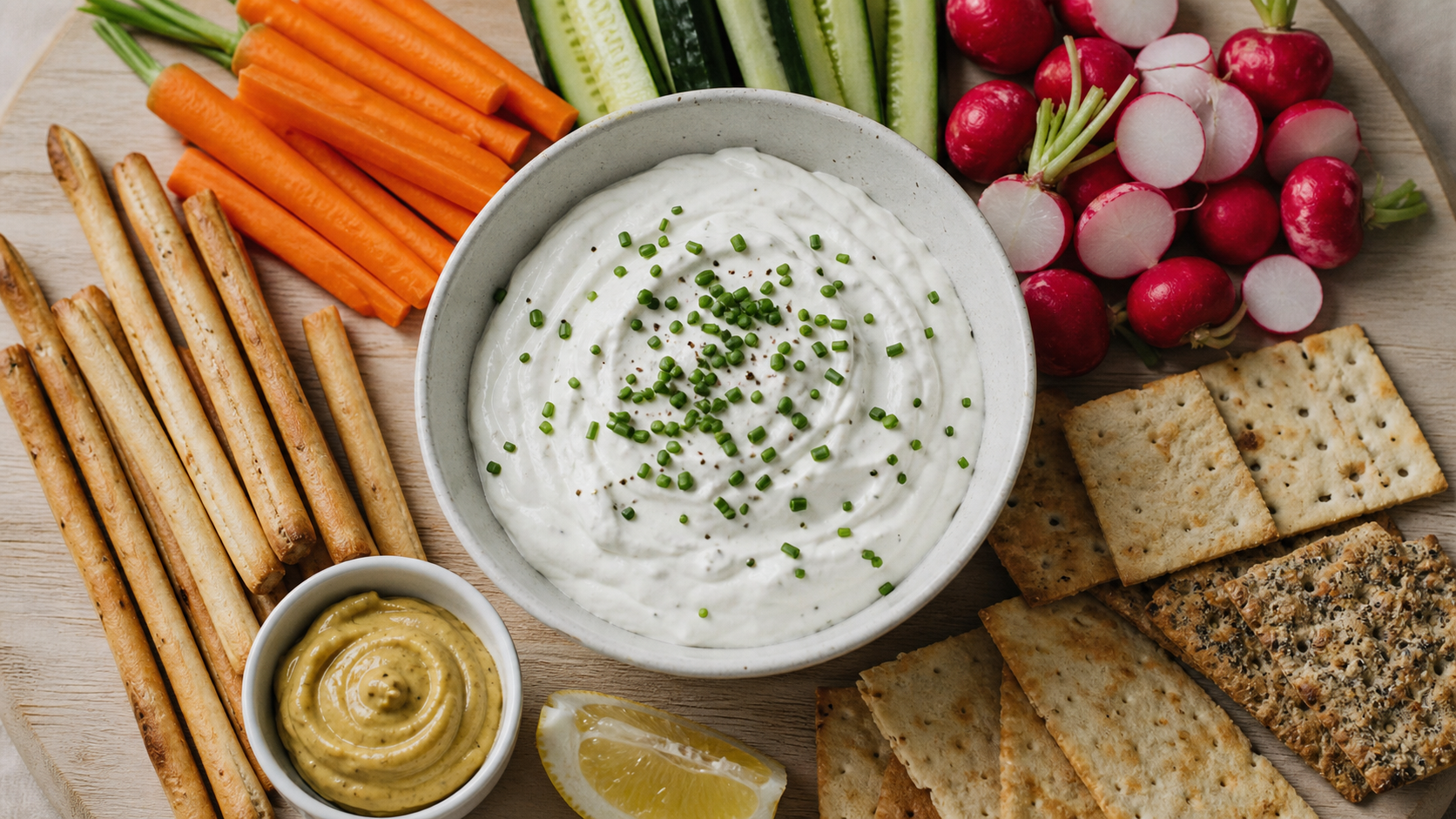 Sauce crudité pour apéro : dip fromage blanc-ciboulette avec carotte, concombre et radis