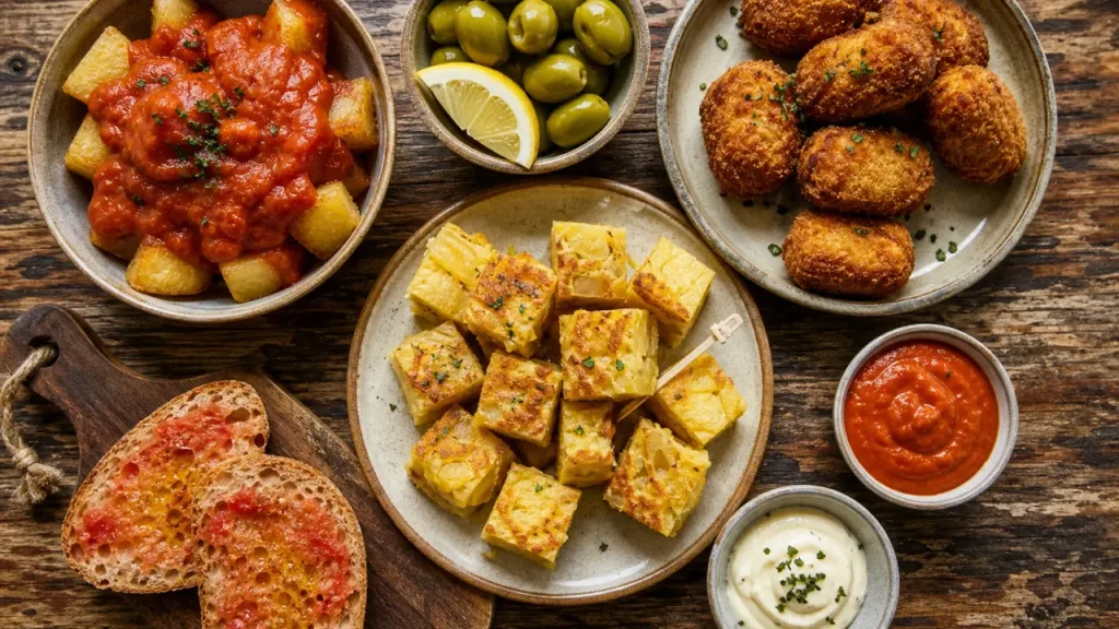 Tapas espagnols : tortilla, patatas bravas et croquetas