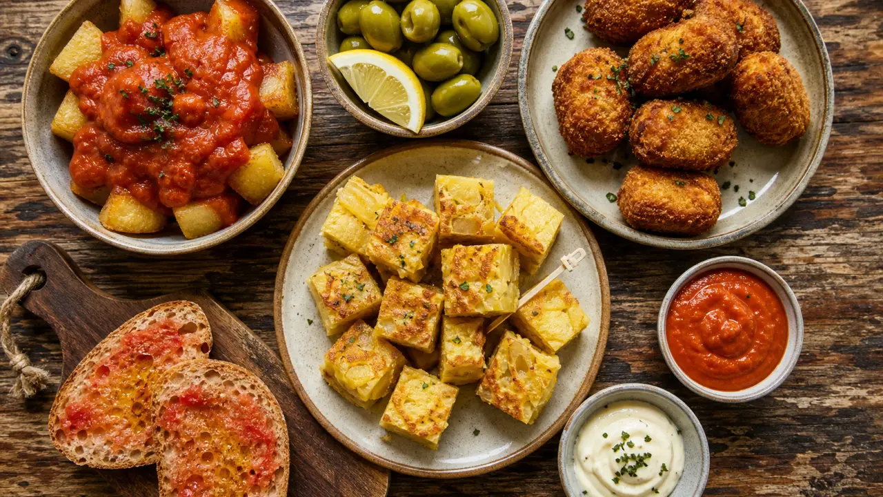 Tapas espagnols : tortilla, patatas bravas et croquetas