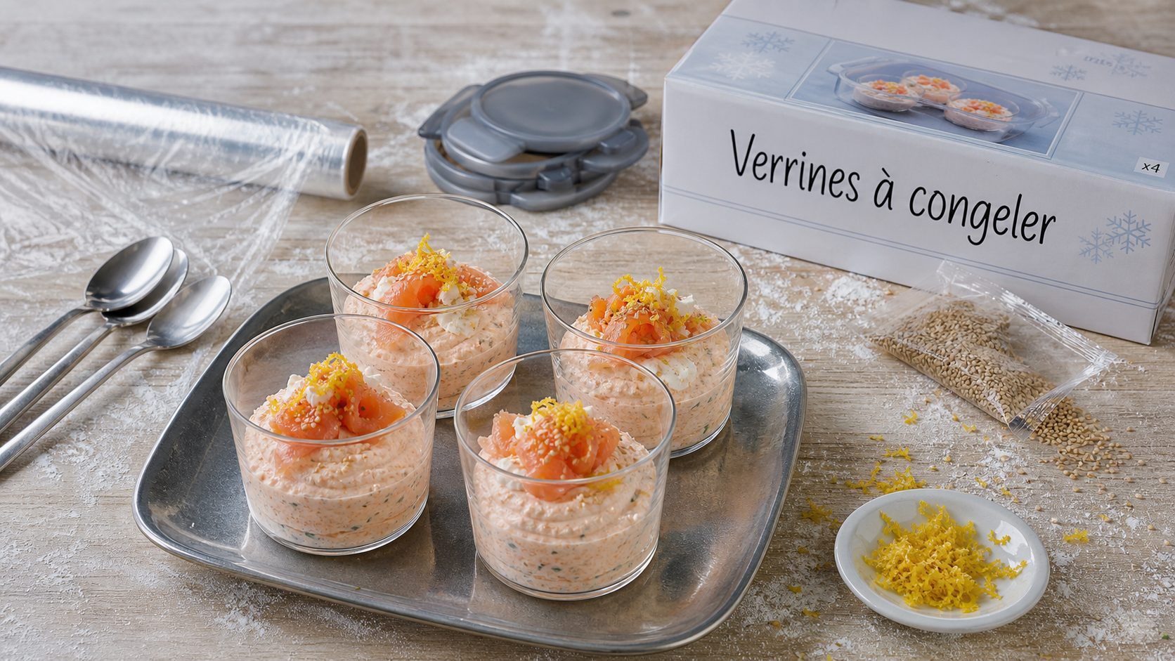 Verrine apéro à congeler avec mousse saumon-fromage frais, à congeler