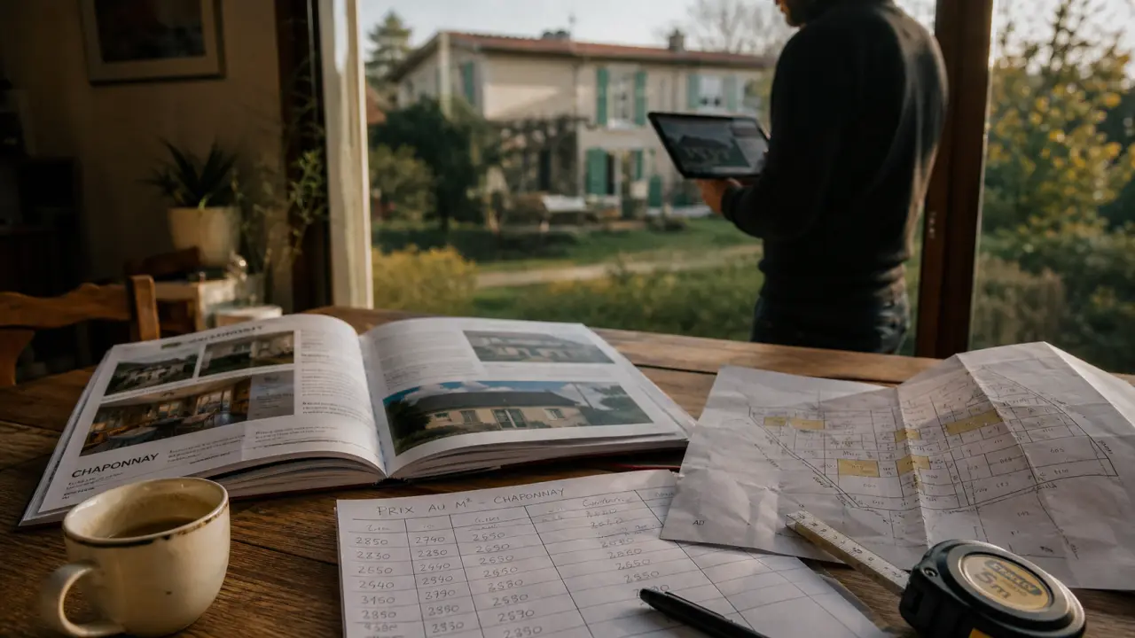 Achat immobilier Chaponnay : dossiers et plan cadastral près d’une fenêtre
