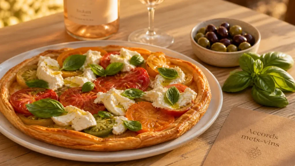 Tarte fine aux tomates et burrata, accords cuisine et vin de france recettes, rosé