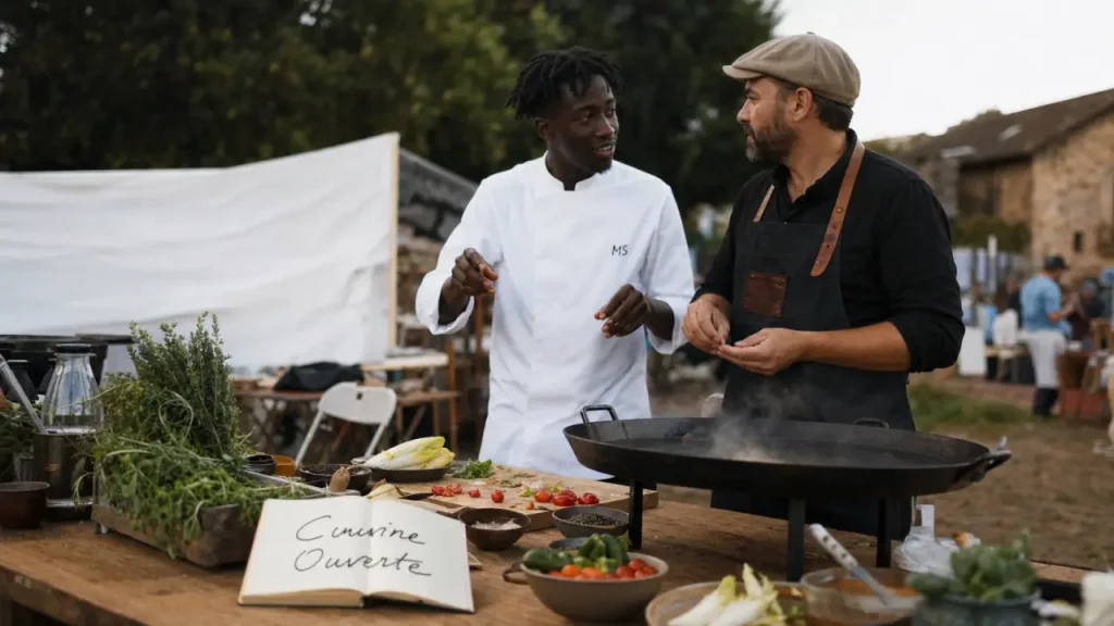 Cuisine ouverte recettes : poêle en fonte, légumes et chef Mory Sacko au marché rural