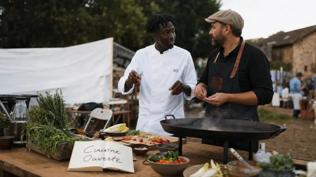 Cuisine ouverte recettes : poêle en fonte, légumes et chef Mory Sacko au marché rural