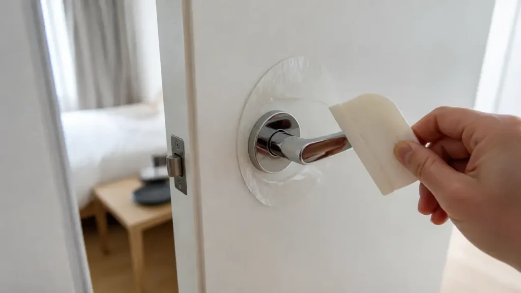 Décoration porte intérieure : main retire un sticker sur porte blanche